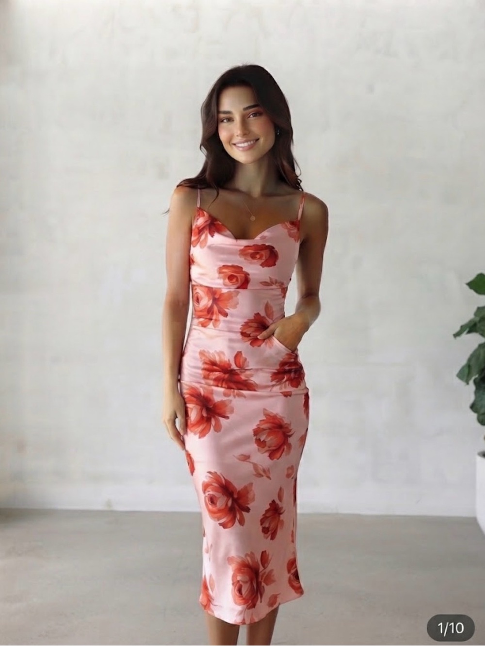 Bebe Floral Pink Slip Midi Dress with Red Rose Print